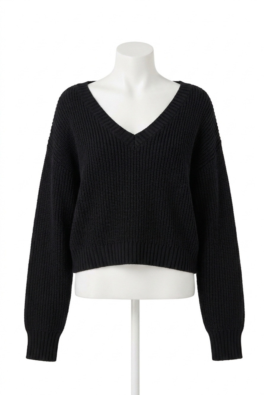 NEW GOOD AMERICAN cozy deep v neck sweater top in black